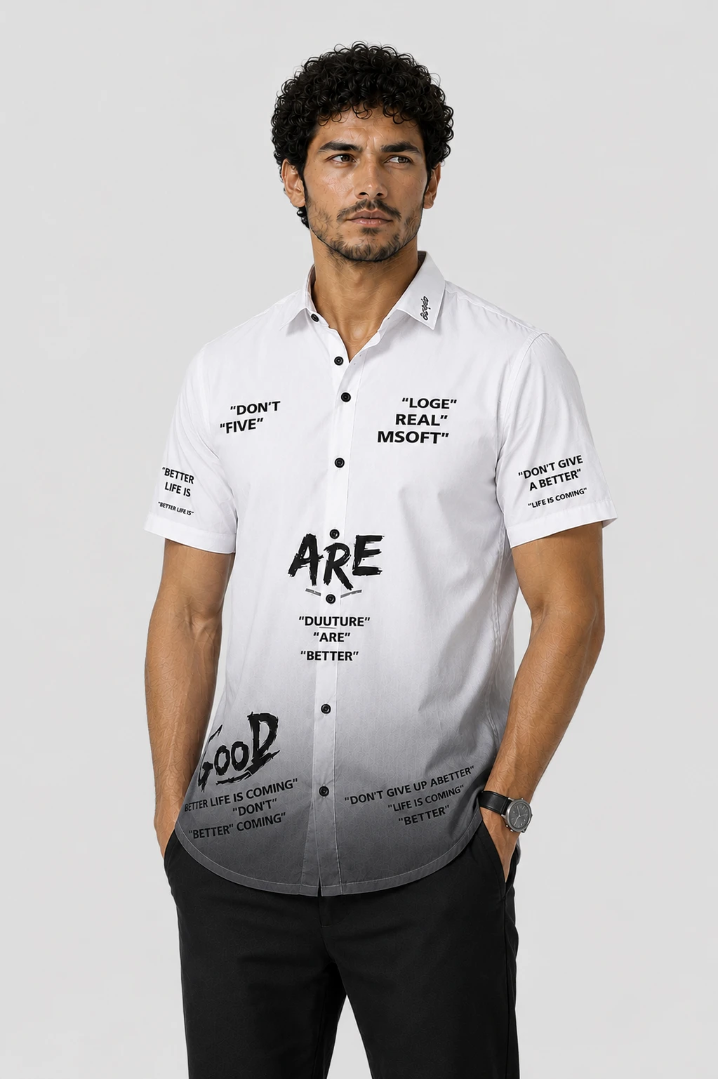 Men's White Typography Printed Casual Half Sleeve Shirt - Image 7