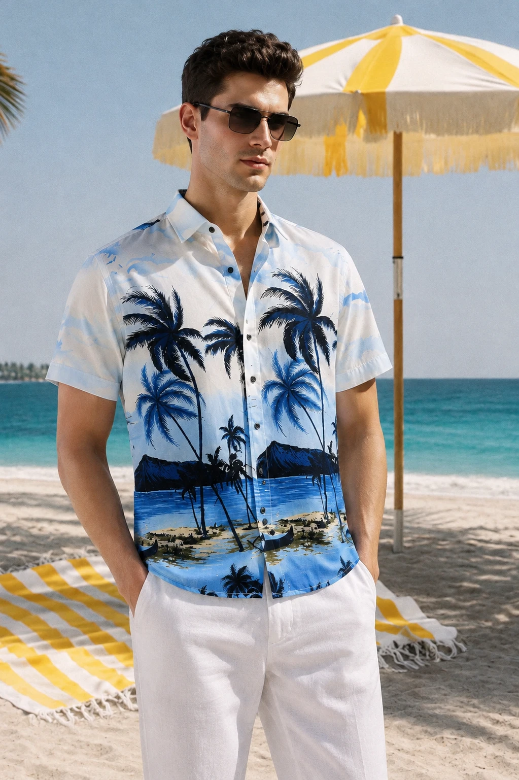 Men's Premium Tropical Scenic Print Half Sleeve Shirt - Sky Blue - Image 1