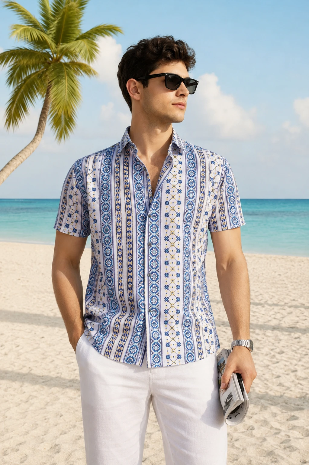 Men's Blue & White Ethnic Stripe Printed Short Sleeve Casual Shirt - Image 1