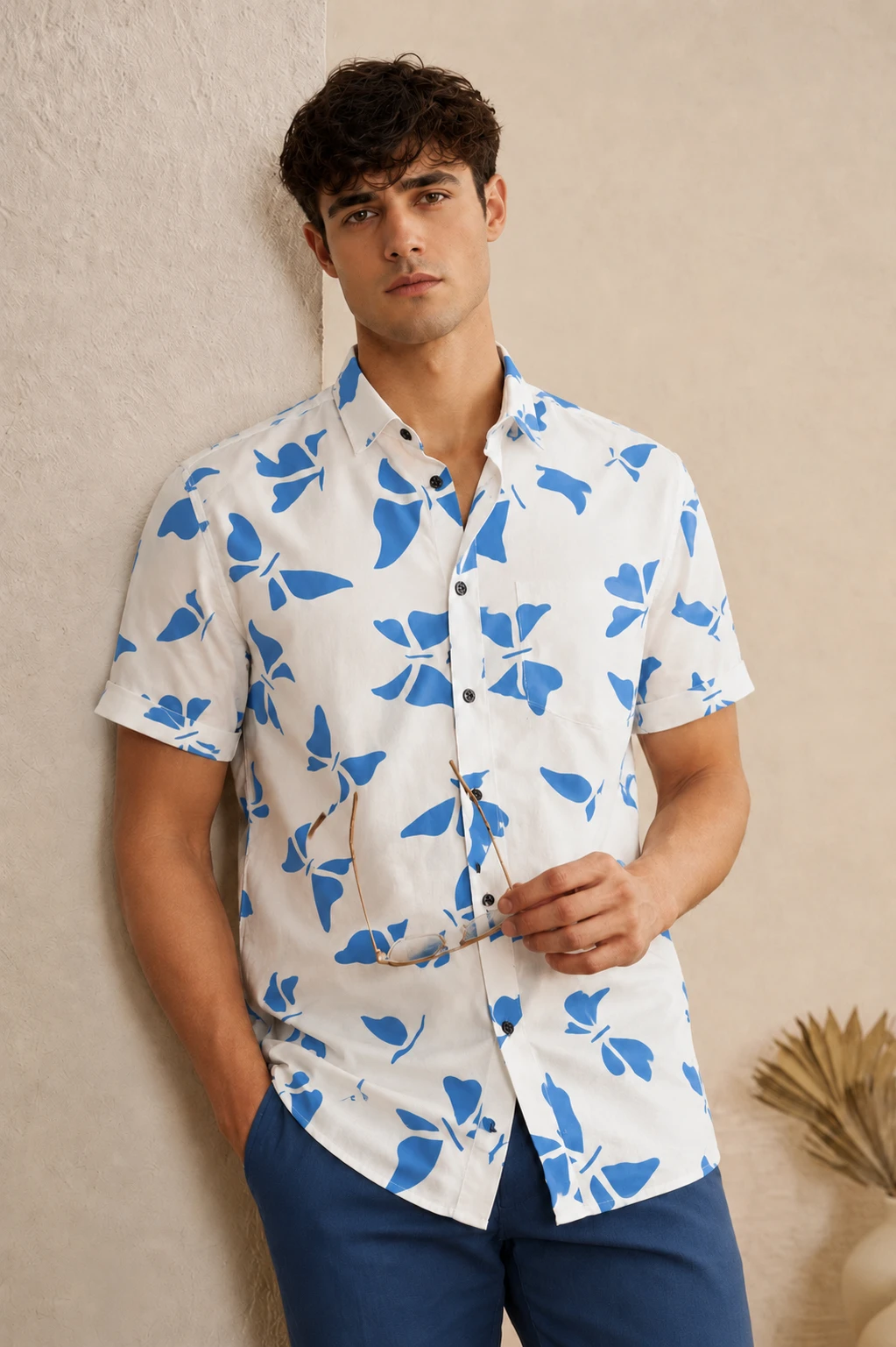 Men's White & Blue Butterfly Print Short Sleeve Casual Shirt - Image 1