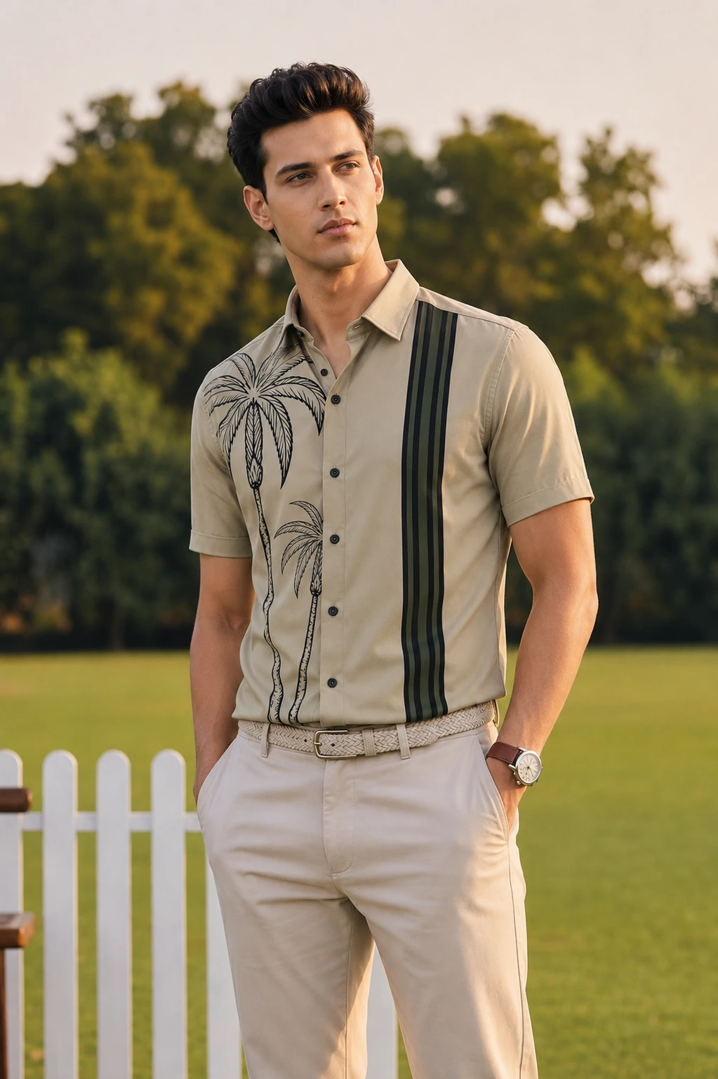 Men's Beige Palm Tree Print Short Sleeve Casual Shirt - Image 1