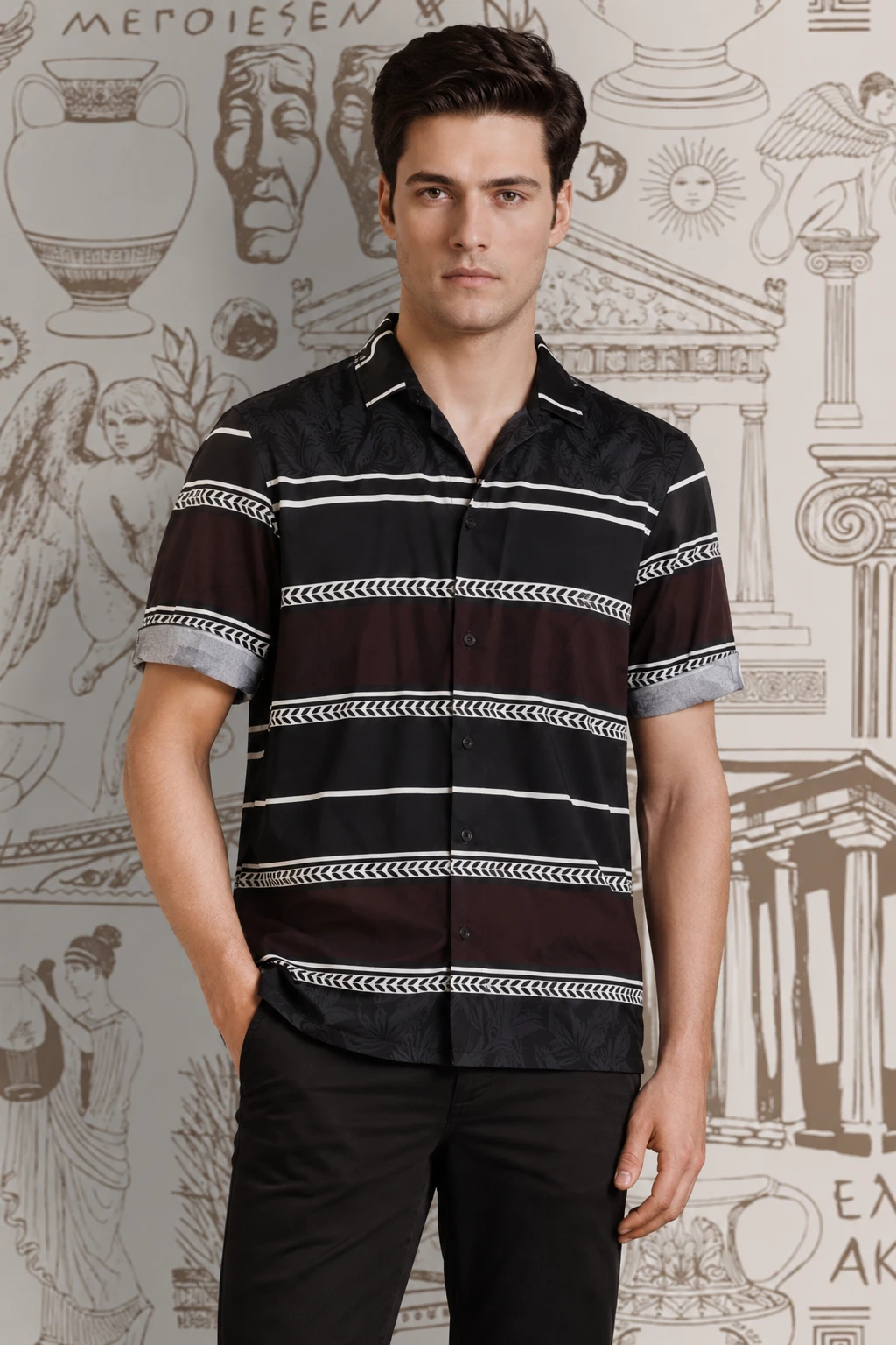 Men's Black Striped Printed Casual Half Sleeve Shirt - Image 1