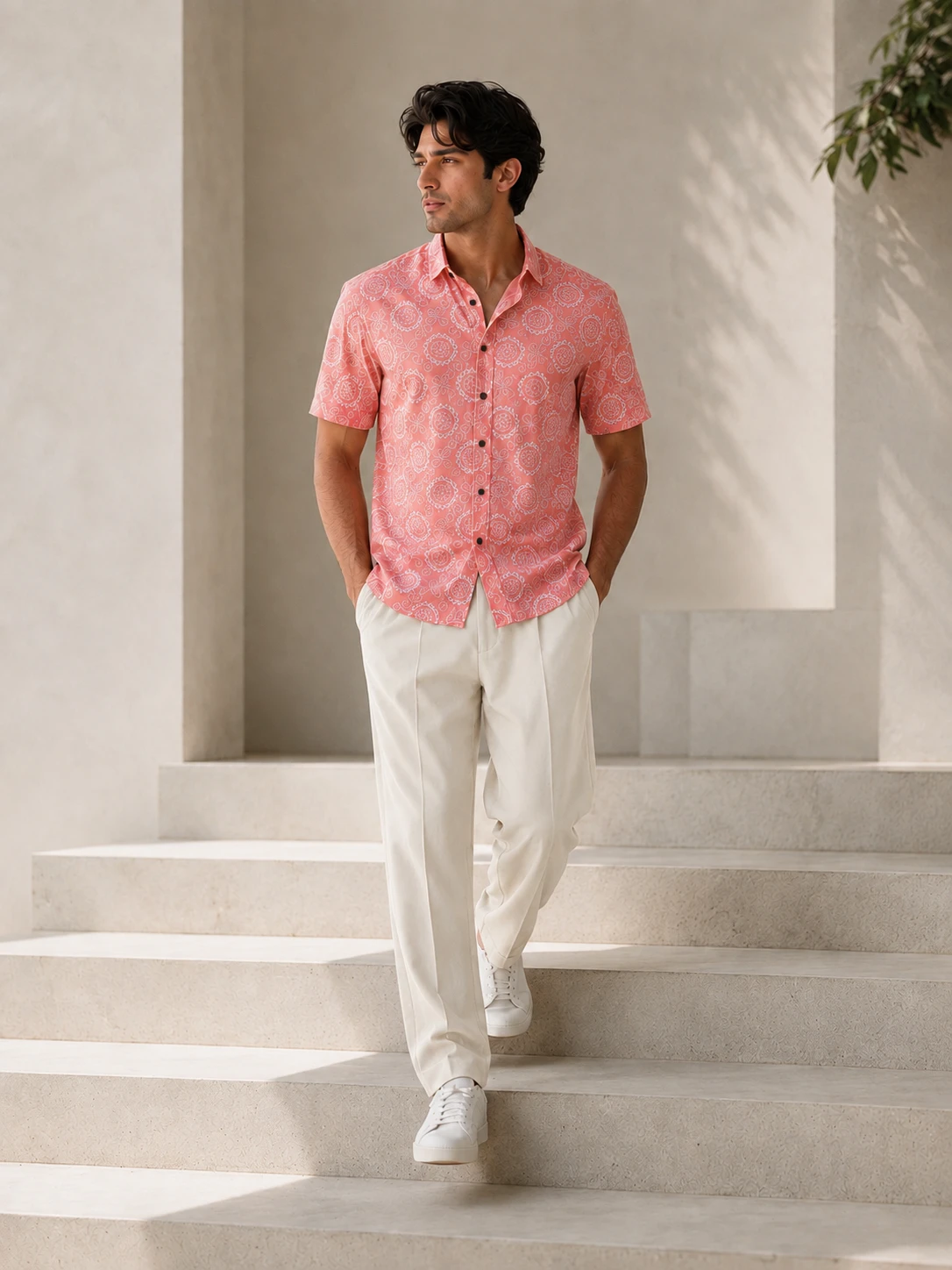 Men's Coral Pink Floral Printed Casual Half Sleeve Shirt - Image 1