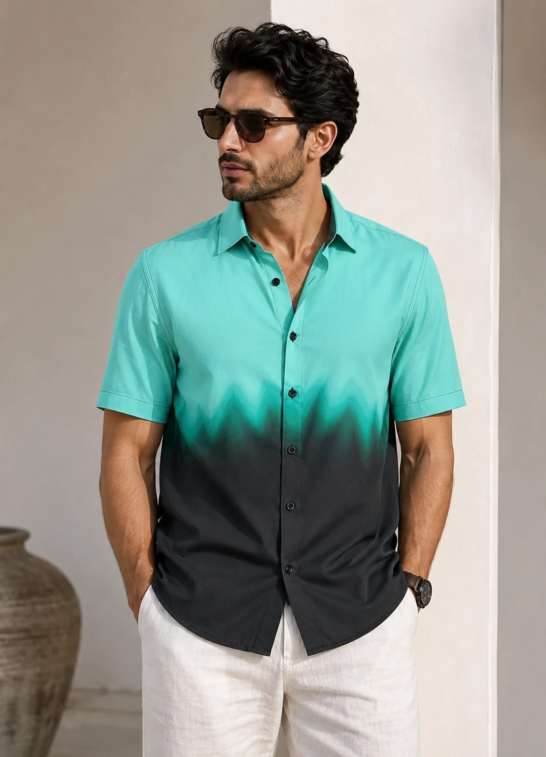 Men's Aqua Green & Black Ombre Casual Shirt - Image 1