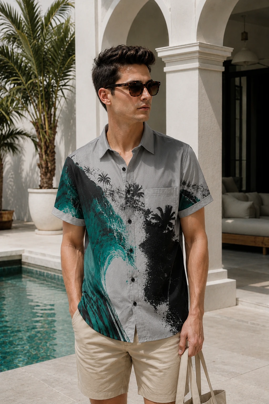 Men's Grey Tropical Print Casual Shirt - Image 1