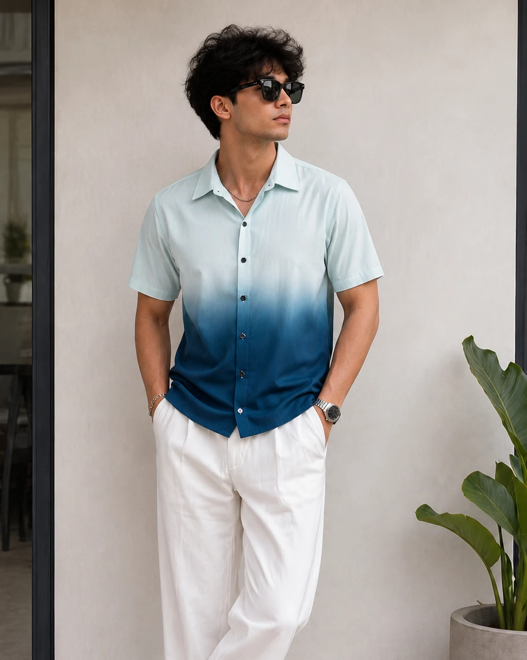 Men's Sky Blue & Navy Ombre Casual Shirt - Image 1