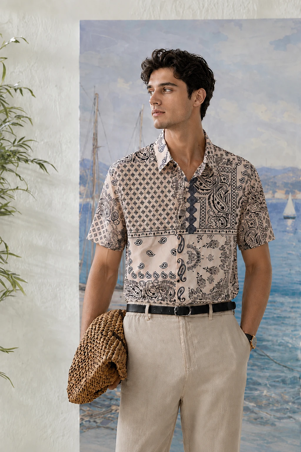 Men's Beige Paisley Printed Casual Half Sleeve Shirt - Image 1